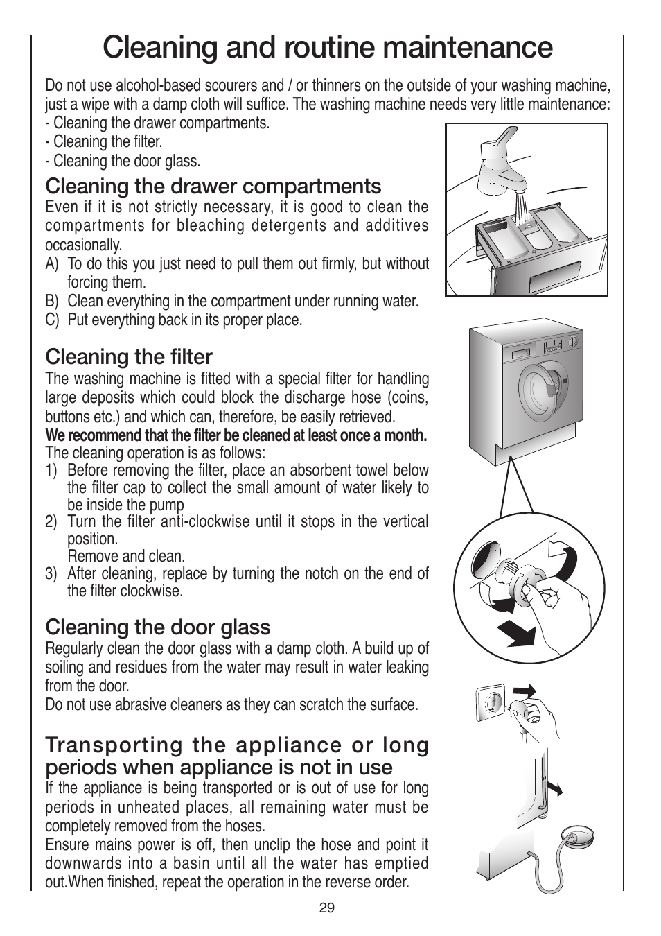 Cleaning and routine maintenance, Cleaning the drawer compartments, Cleaning the filter | Cleaning the door glass | Baumatic BWDI126N User Manual | Page 29 / 40