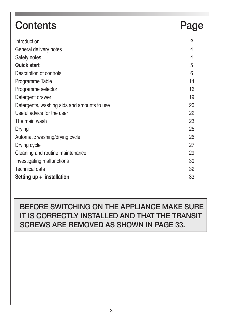 Contents page | Baumatic BWDI126N User Manual | Page 3 / 40