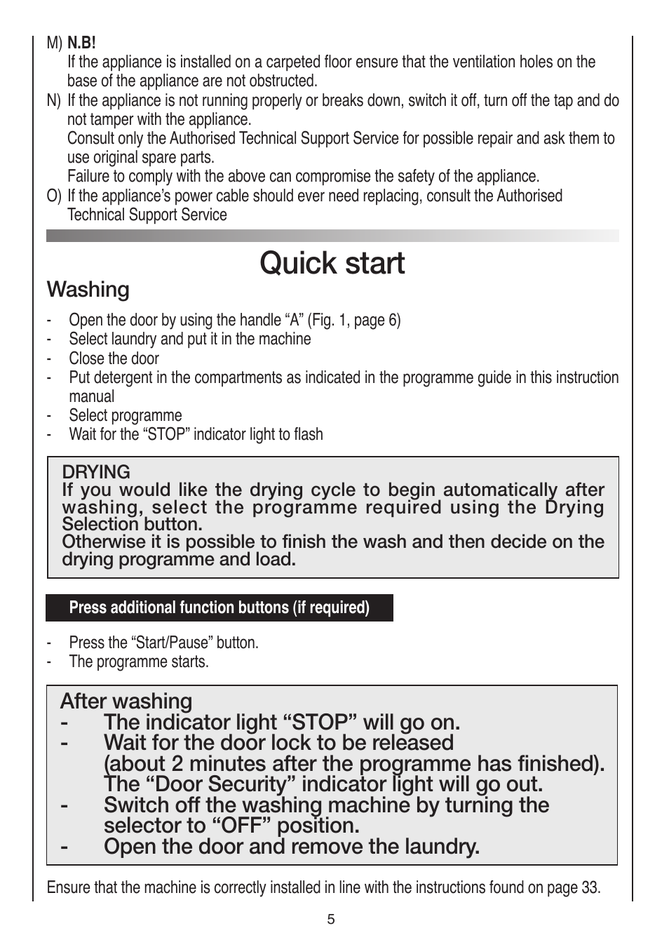 Quick start, Washing | Baumatic BWDI126N User Manual | Page 5 / 40