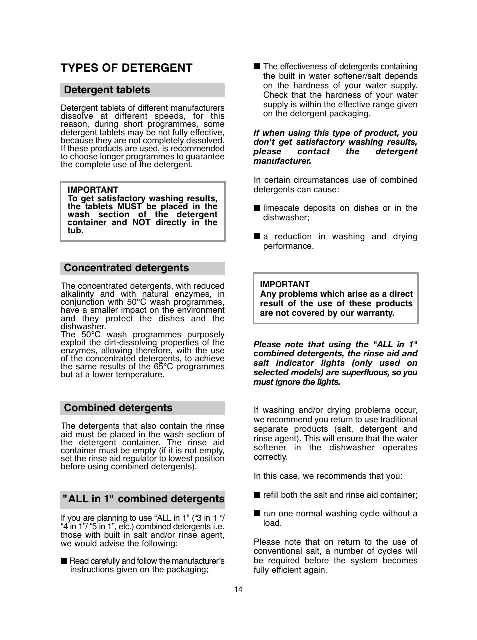 Types of detergent, Detergent tablets, Concentrated detergents | Combined detergents, All in 1" combined detergents | Baumatic BDIF612 User Manual | Page 14 / 32