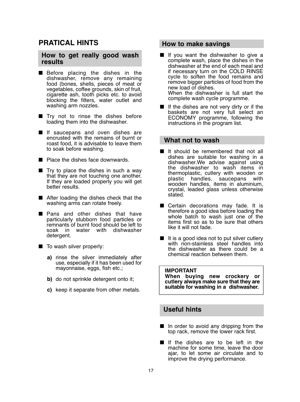 Pratical hints, How to get really good wash results, How to make savings | What not to wash, Useful hints | Baumatic BDIF612 User Manual | Page 17 / 32