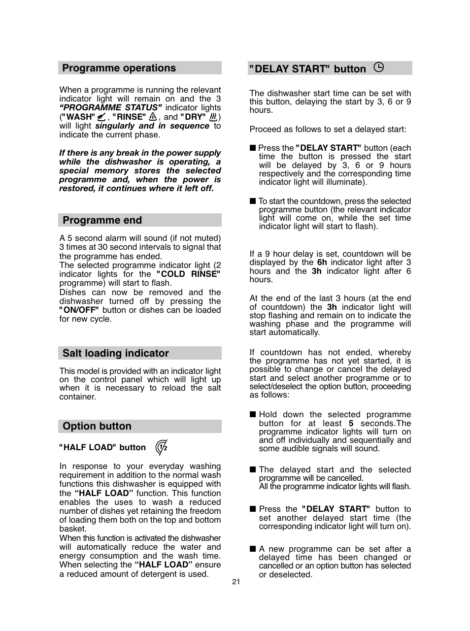 Programme operations, Programme end, Salt loading indicator | Option button, Delay start" button | Baumatic BDIF612 User Manual | Page 21 / 32