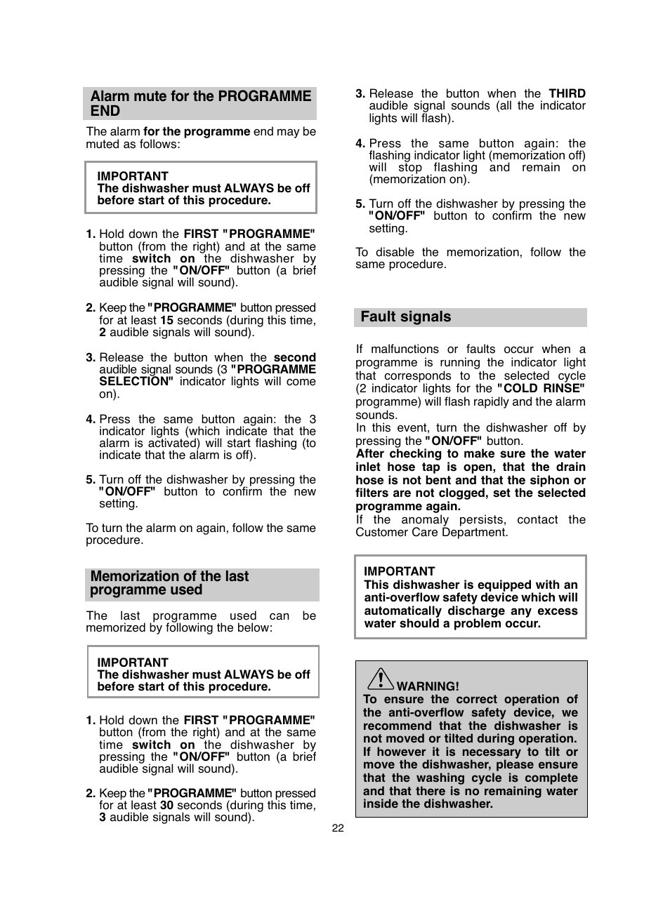 Alarm mute for the programme end, Fault signals | Baumatic BDIF612 User Manual | Page 22 / 32