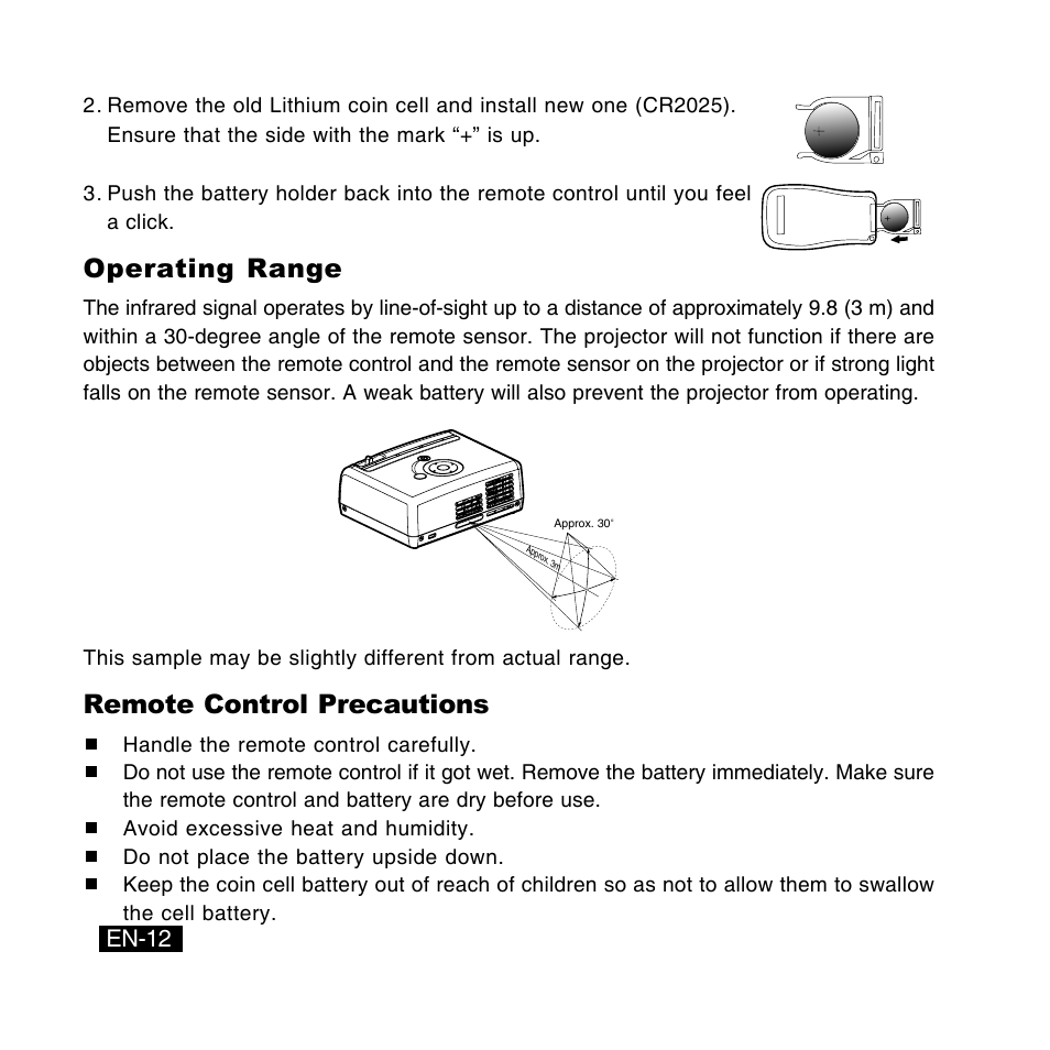 Operating range, Remote control precautions, En-12 | Canon DC-4381 User Manual | Page 12 / 40