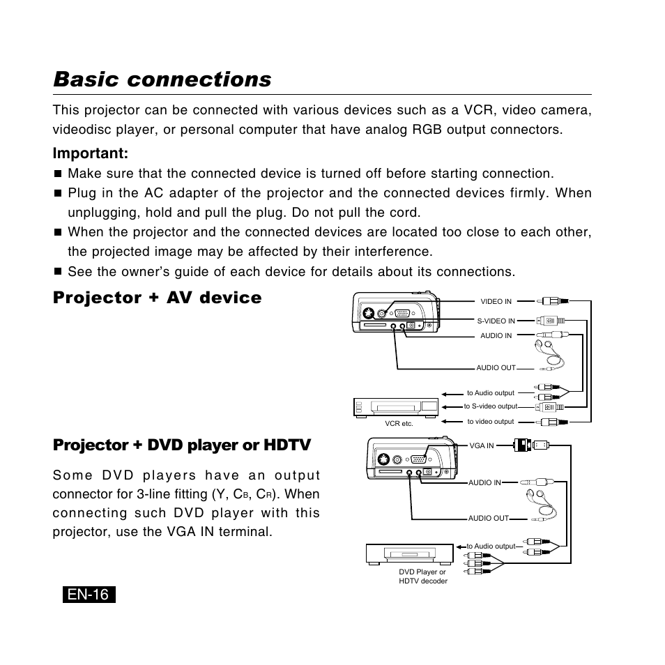 Basic connections, Projector + av device, Projector + dvd player or hdtv | En-16, Important | Canon DC-4381 User Manual | Page 16 / 40