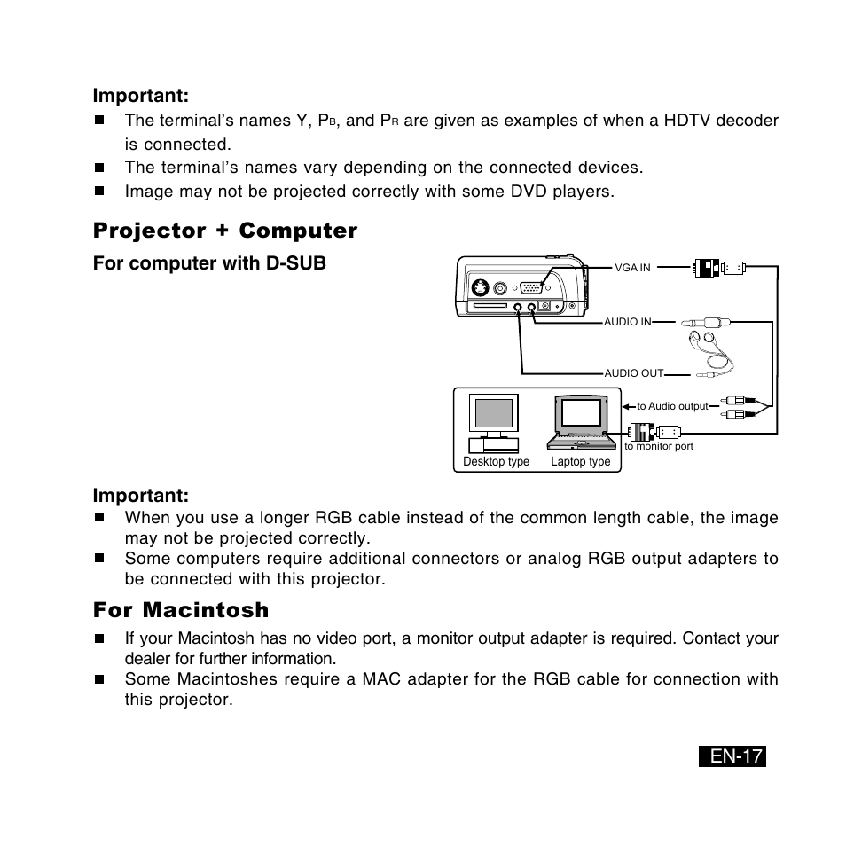 Projector + computer, For macintosh, En-17 | For computer with d-sub important, Important | Canon DC-4381 User Manual | Page 17 / 40