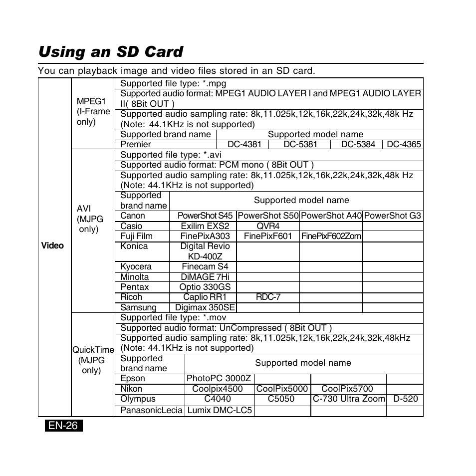 Using an sd card, En-26 | Canon DC-4381 User Manual | Page 26 / 40