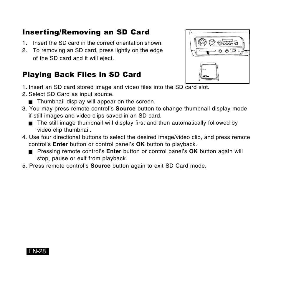 Inserting/removing an sd card, Playing back files in sd card | Canon DC-4381 User Manual | Page 28 / 40