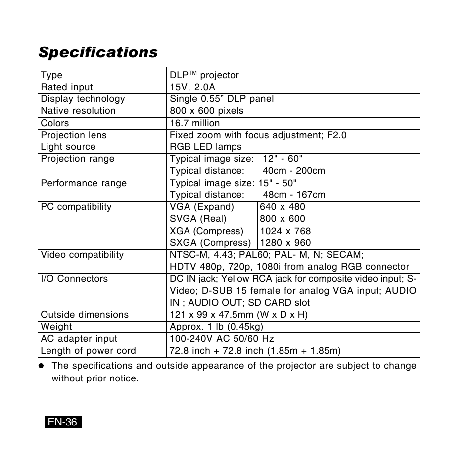 Specifications | Canon DC-4381 User Manual | Page 36 / 40