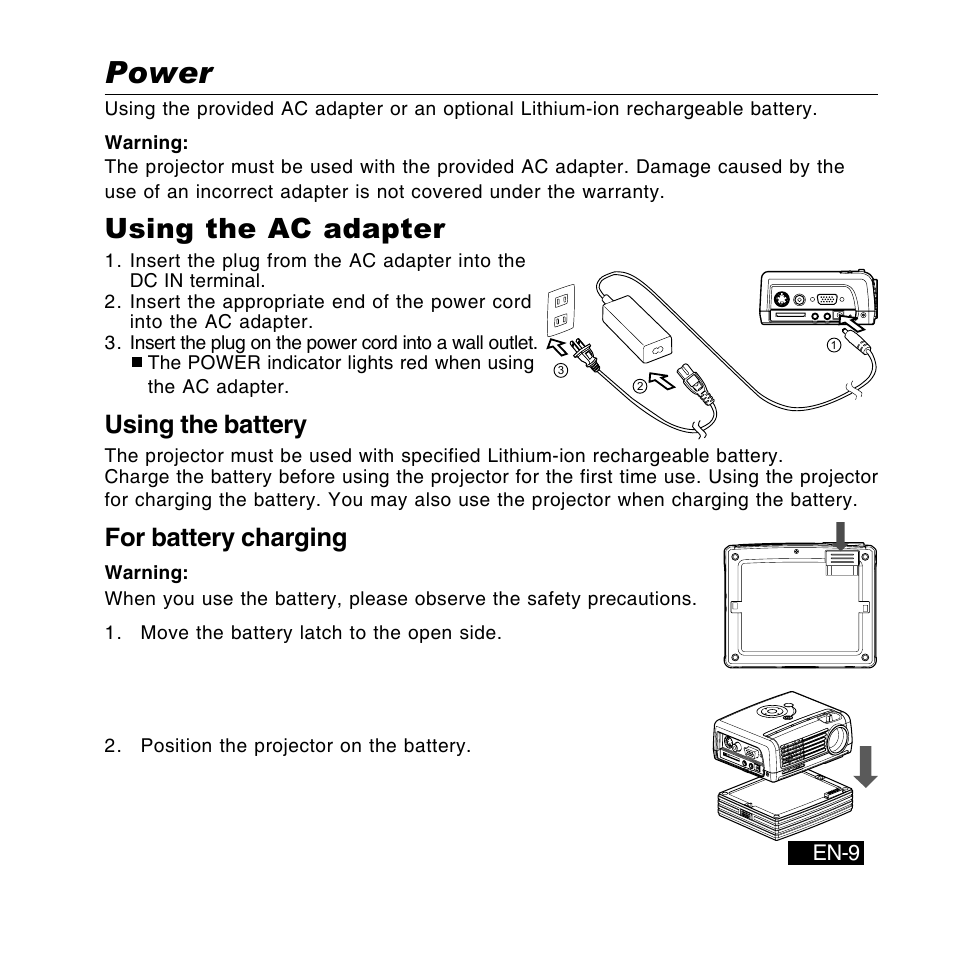 Power, Using the ac adapter, Using the battery | For battery charging | Canon DC-4381 User Manual | Page 9 / 40