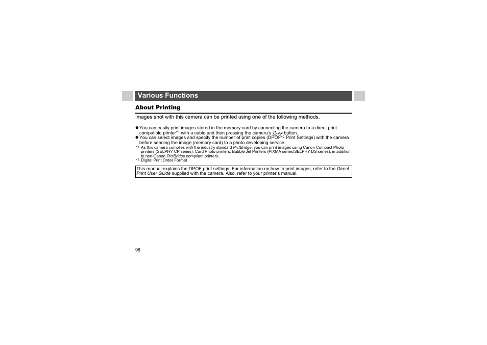 Various functions | Canon A510 User Manual | Page 100 / 163