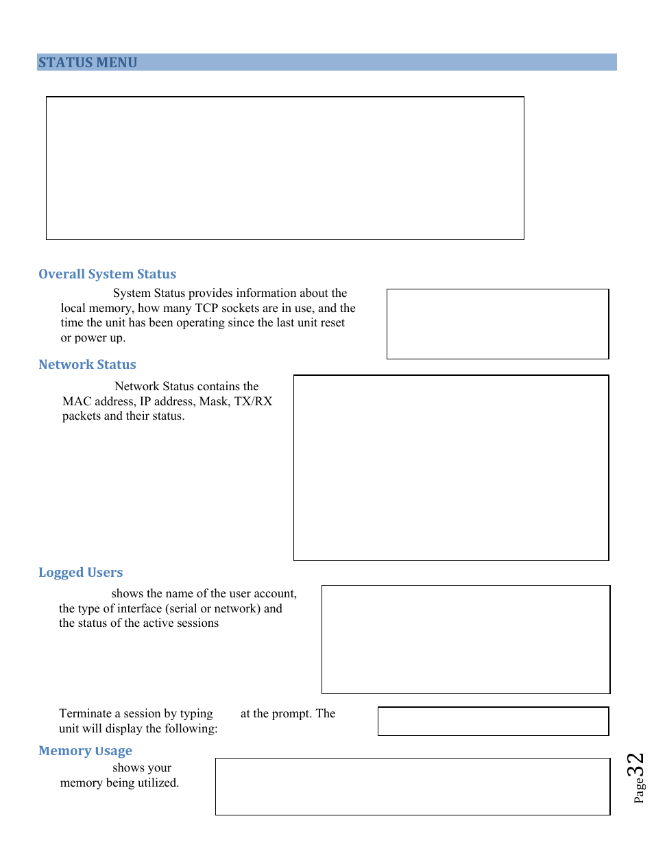 Status menu, Overall system status, Network status | Logged users | BayTech MRP units 2012 User Manual | Page 32 / 67