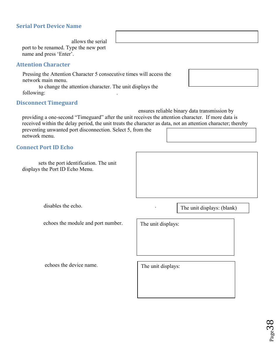 Serial port device name, Attention character, Disconnect timeguard | Connect port id echo | BayTech MRP units 2012 User Manual | Page 38 / 67