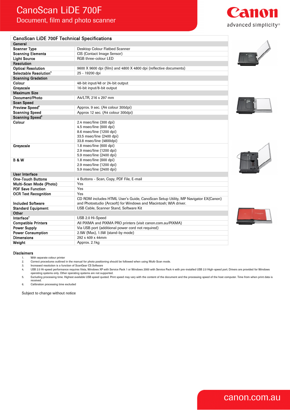 Canoscan lide 700f, Document, film and photo scanner, Canoscan lide 700f technical specifications | Canon CANOSCAN LIDE 700F User Manual | Page 2 / 2