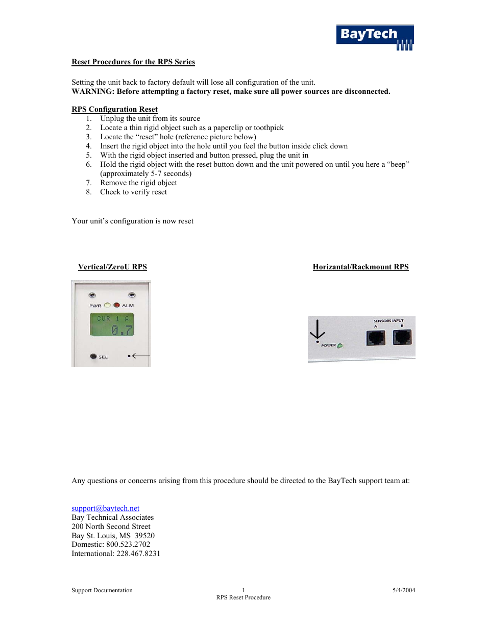 BayTech RPS Series Reset Procedures User Manual | 1 page