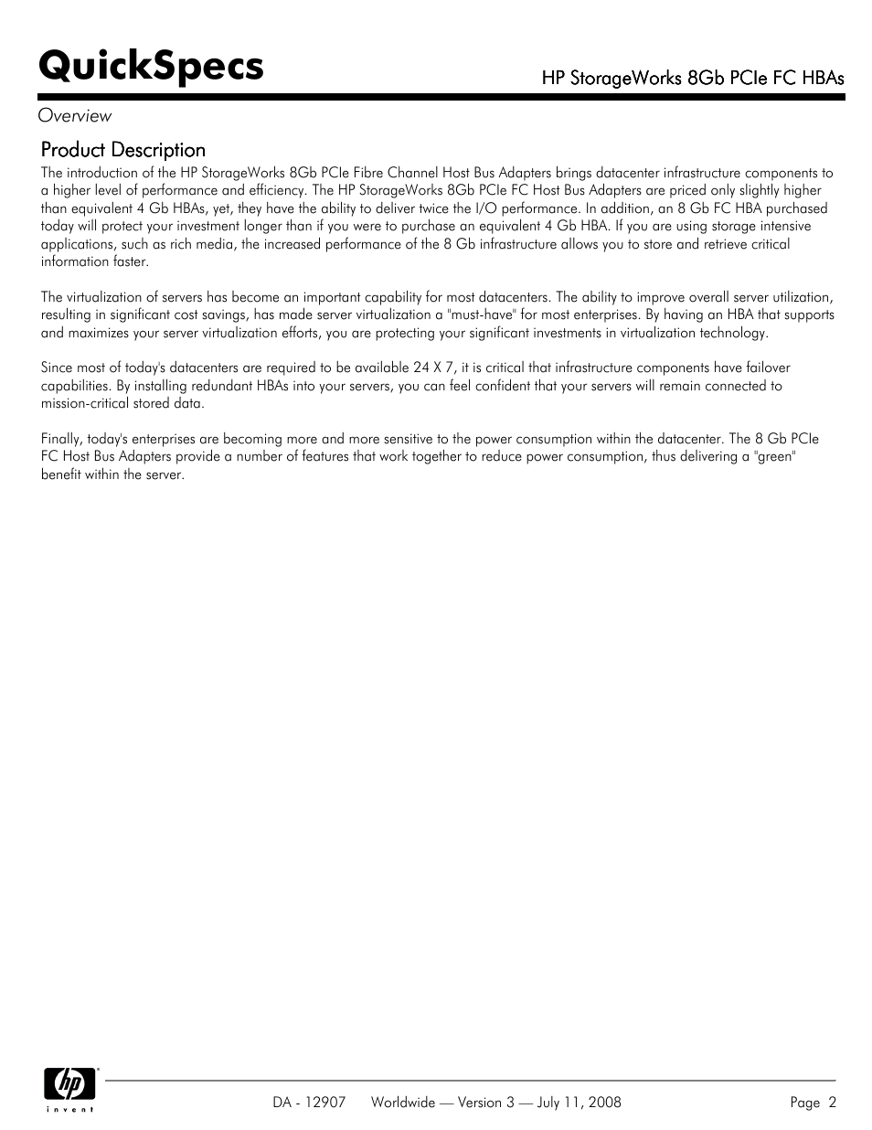 Quickspecs | HP FC HBAs User Manual | Page 2 / 8