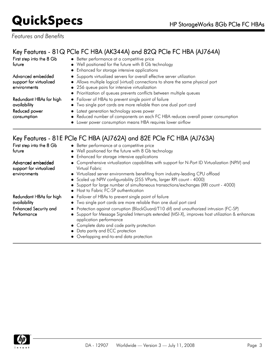Features and benefits, Quickspecs, Hp storageworks 8gb pcie fc hbas | HP FC HBAs User Manual | Page 3 / 8