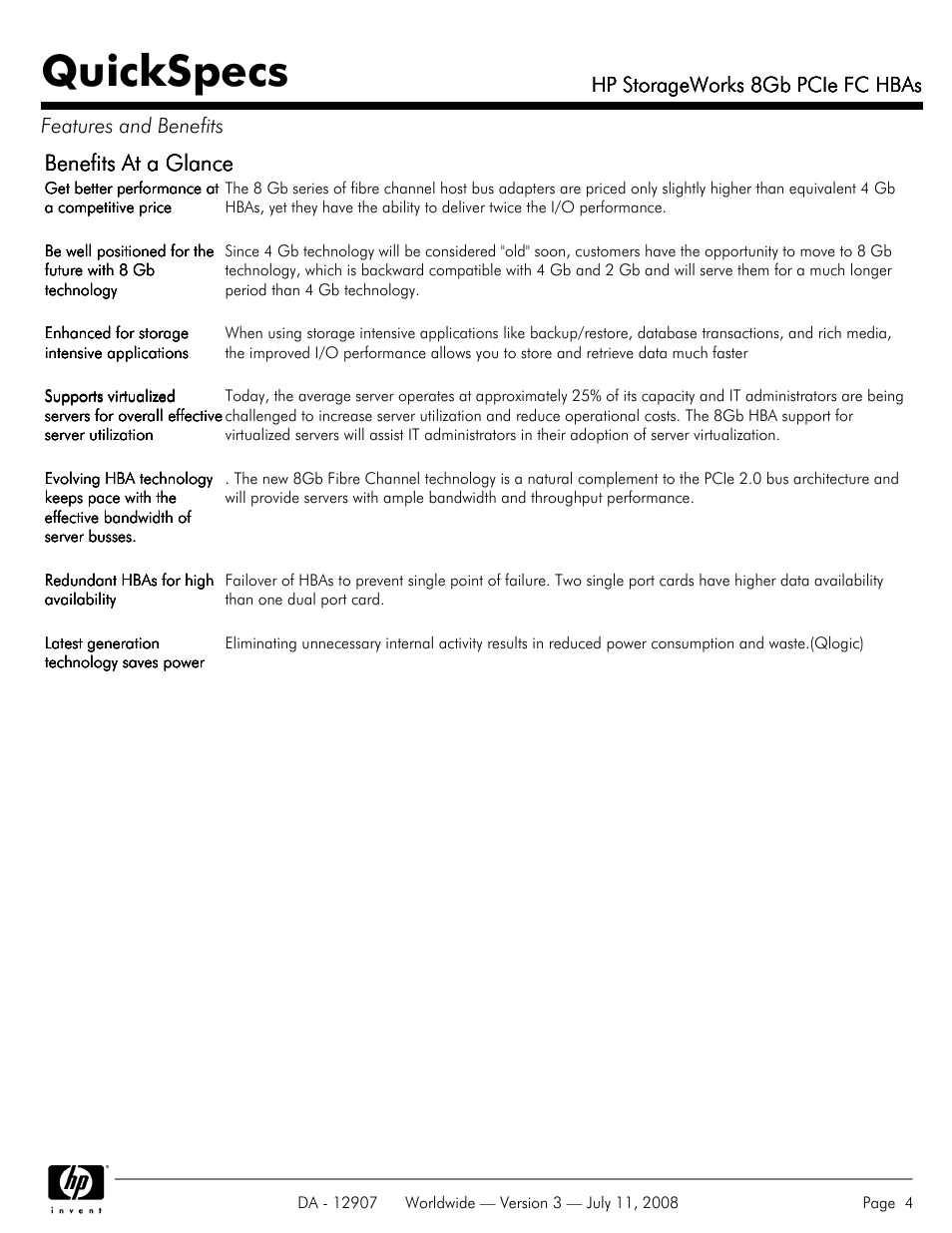 Quickspecs, Benefits at a glance, Hp storageworks 8gb pcie fc hbas | HP FC HBAs User Manual | Page 4 / 8