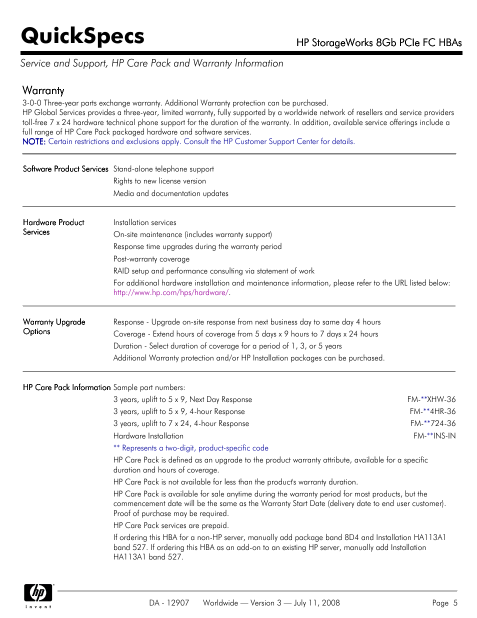 Quickspecs, Warranty, Hp storageworks 8gb pcie fc hbas | HP FC HBAs User Manual | Page 5 / 8