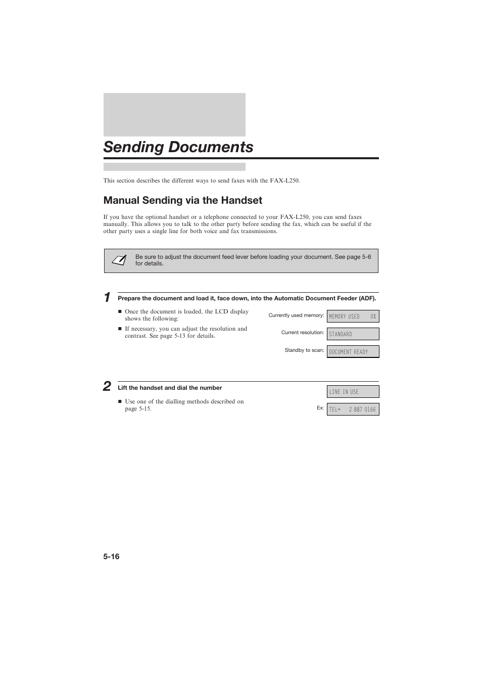 Sending documents, Manual sending via the handset | Canon L250 User Manual | Page 118 / 282