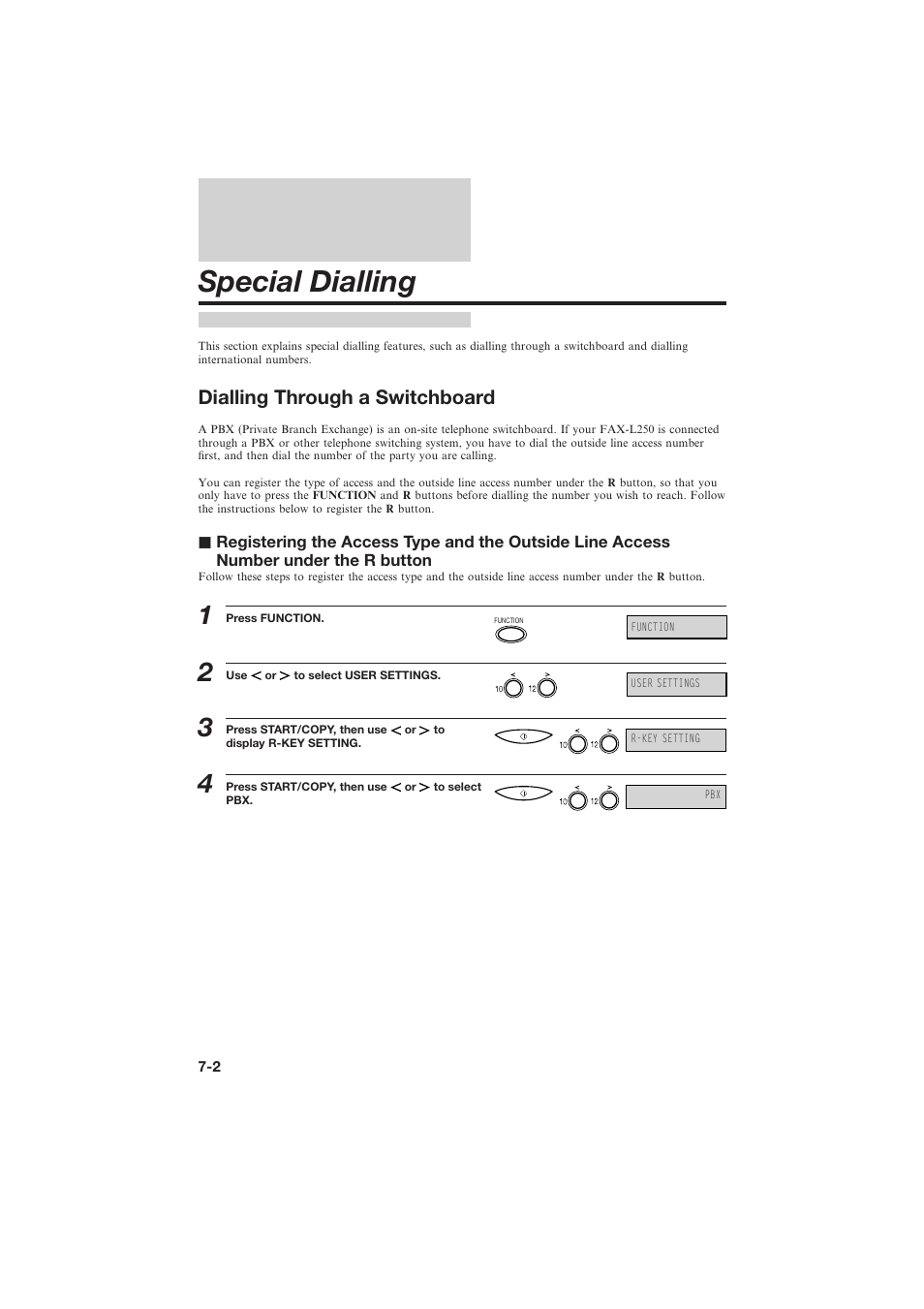 Special dialling, Dialling through a switchboard | Canon L250 User Manual | Page 168 / 282