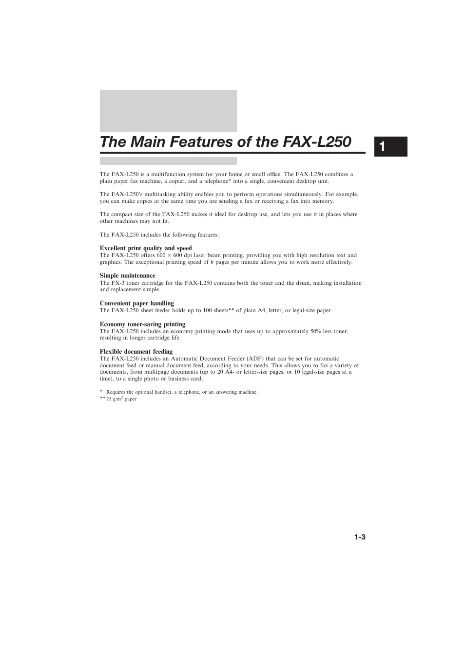 The main features of the fax-l250 | Canon L250 User Manual | Page 17 / 282