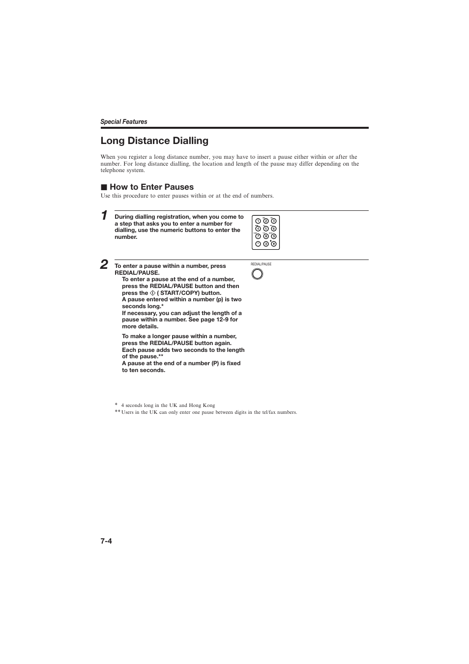 Long distance dialling, J how to enter pauses | Canon L250 User Manual | Page 170 / 282