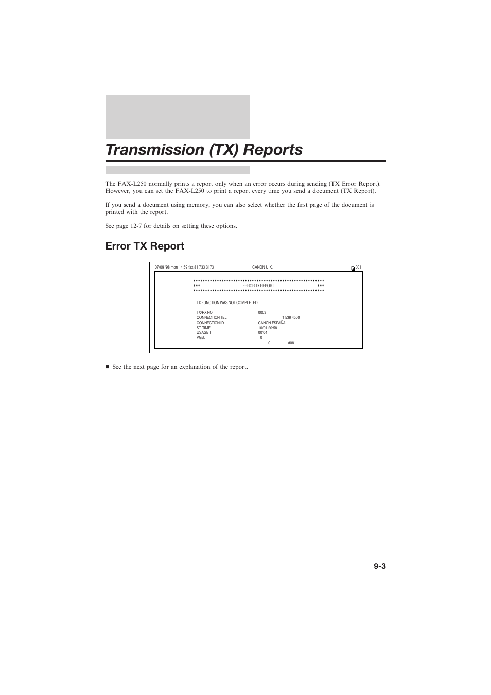 Transmission (tx) reports, Error tx report | Canon L250 User Manual | Page 187 / 282