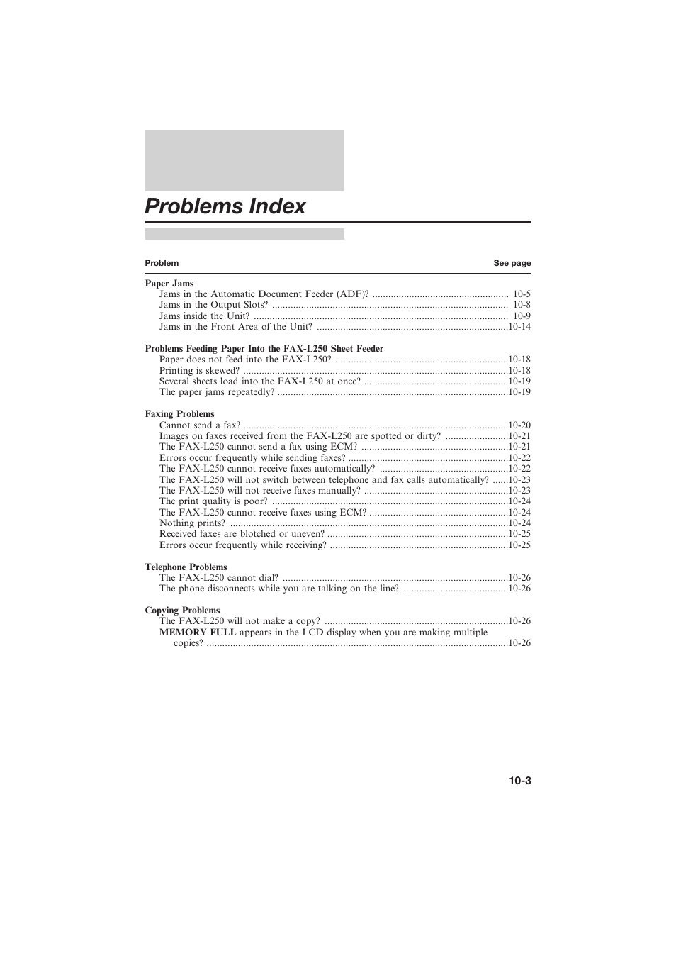 Problems index | Canon L250 User Manual | Page 199 / 282