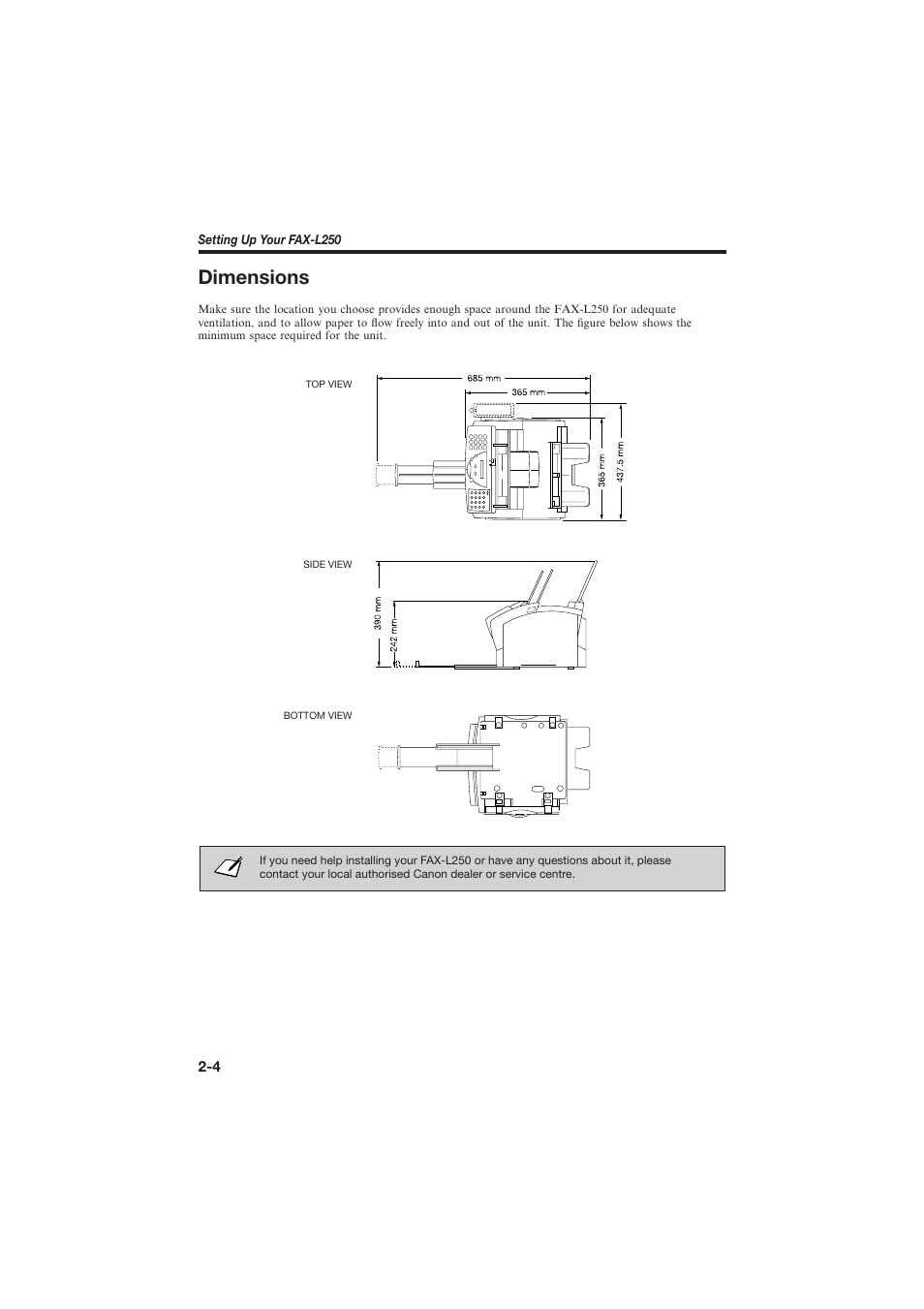 Dimensions | Canon L250 User Manual | Page 30 / 282