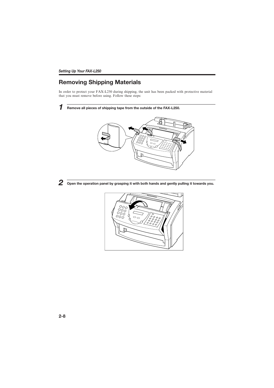 Removing shipping materials | Canon L250 User Manual | Page 34 / 282