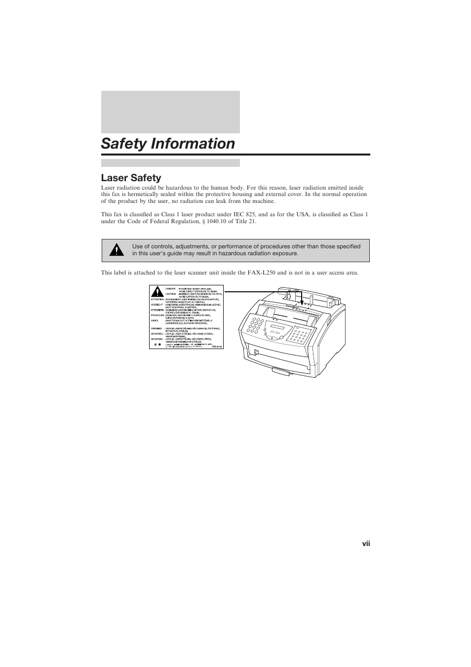 Safety information, Laser safety | Canon L250 User Manual | Page 7 / 282