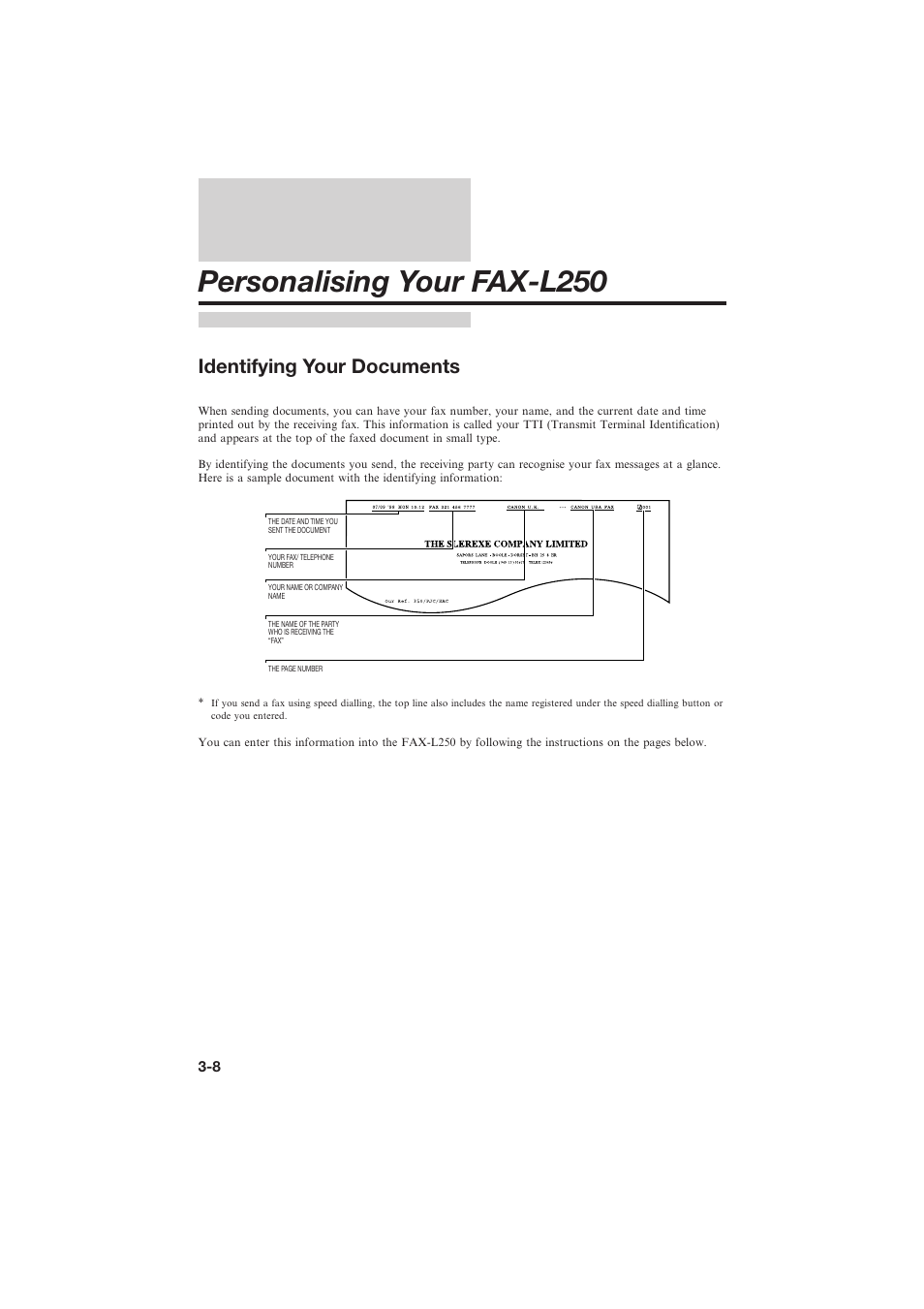 Personalising your fax-l250, Identifying your documents | Canon L250 User Manual | Page 74 / 282