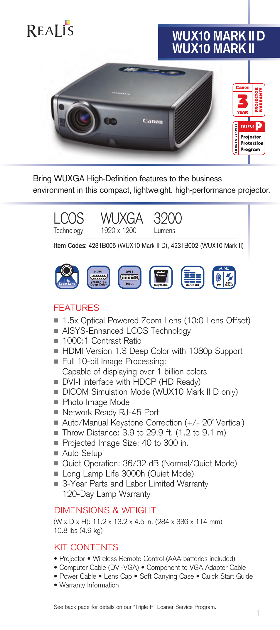 Wuxga, Lcos, Wux10 mark ii d wux10 mark ii | Canon REALIS LV-8310 User Manual | Page 3 / 13