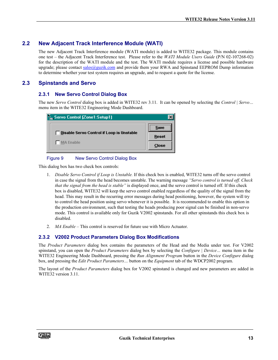 New adjacent track interference module (wati), Spinstands and servo, New servo control dialog box | V2002 product parameters dialog box modifications | Canon WITE32 User Manual | Page 13 / 29