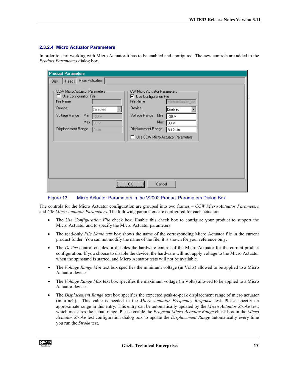Micro actuator parameters | Canon WITE32 User Manual | Page 17 / 29