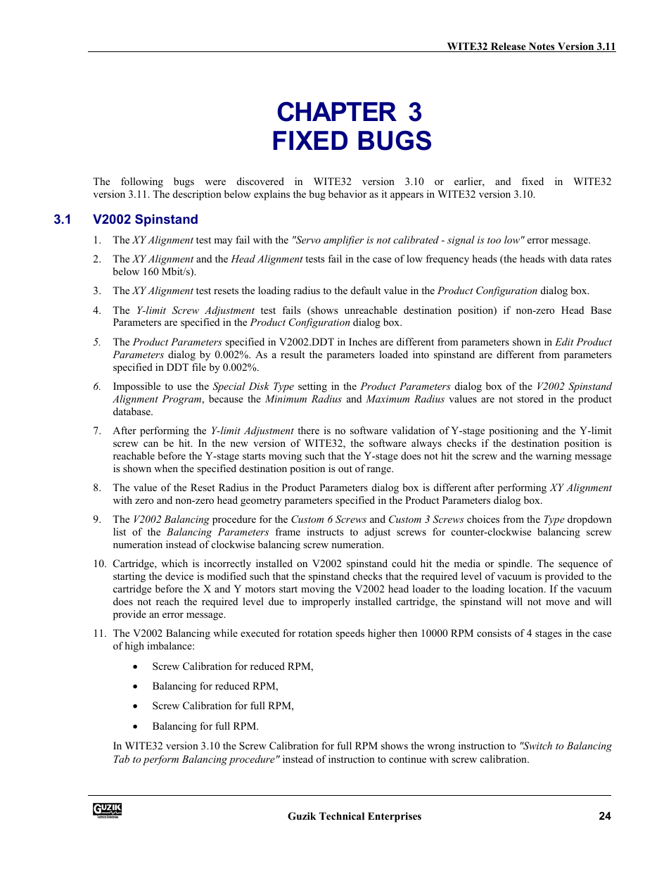 Fixed bugs, V2002 spinstand, Chapter 3 fixed bugs | Canon WITE32 User Manual | Page 24 / 29