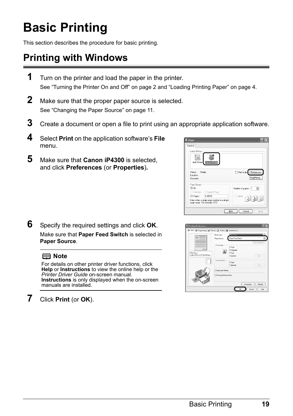 Basic printing, Printing with windows 1 | Canon Pixma  iP4300 User Manual | Page 23 / 102