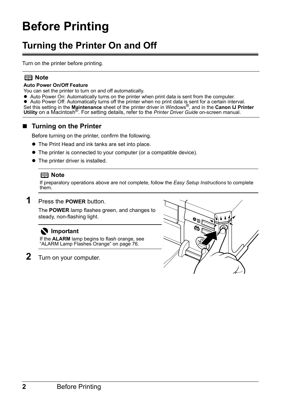 Before printing, Turning the printer on and off | Canon Pixma  iP4300 User Manual | Page 6 / 102