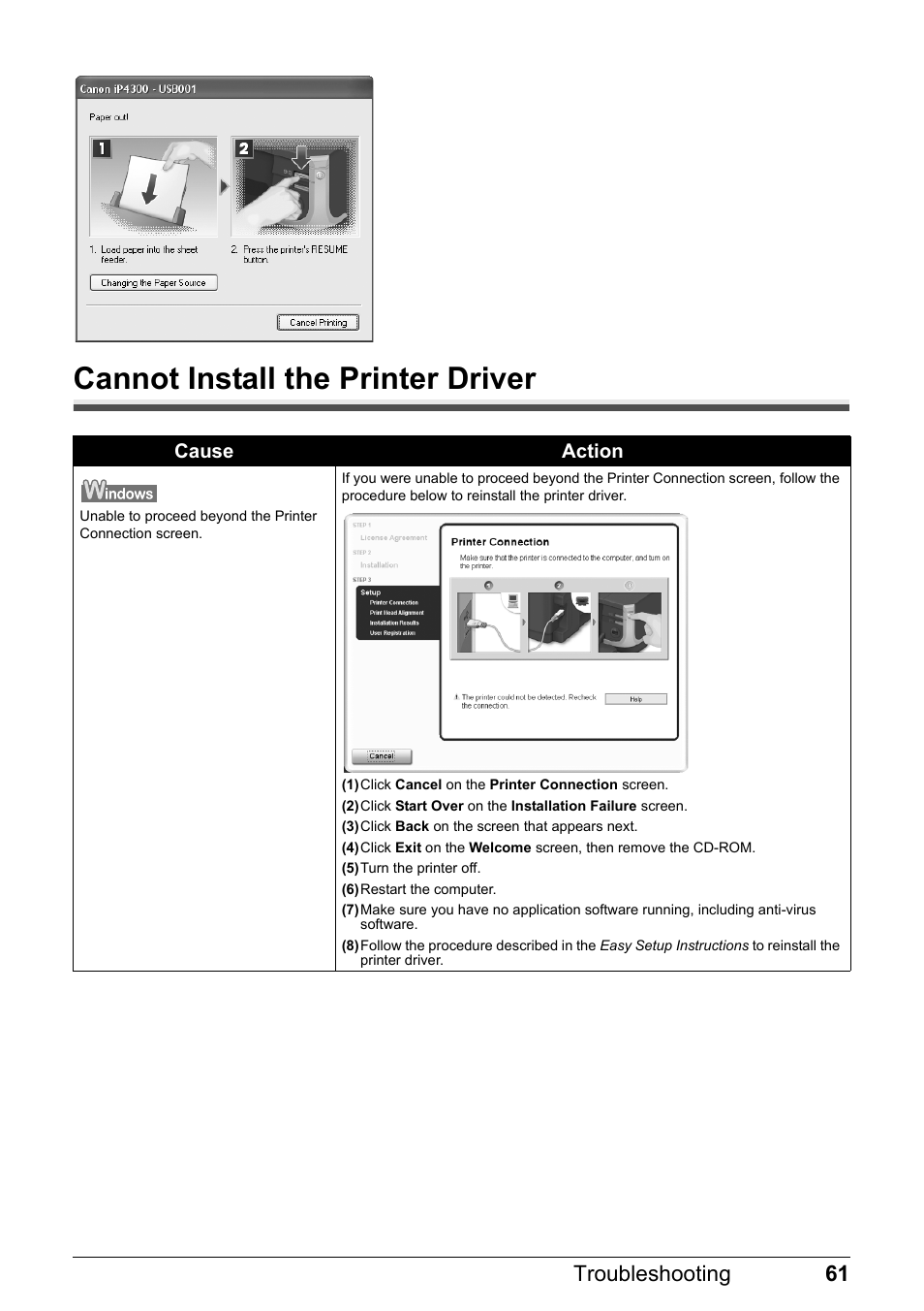 Cannot install the printer driver, 61 troubleshooting | Canon Pixma  iP4300 User Manual | Page 65 / 102