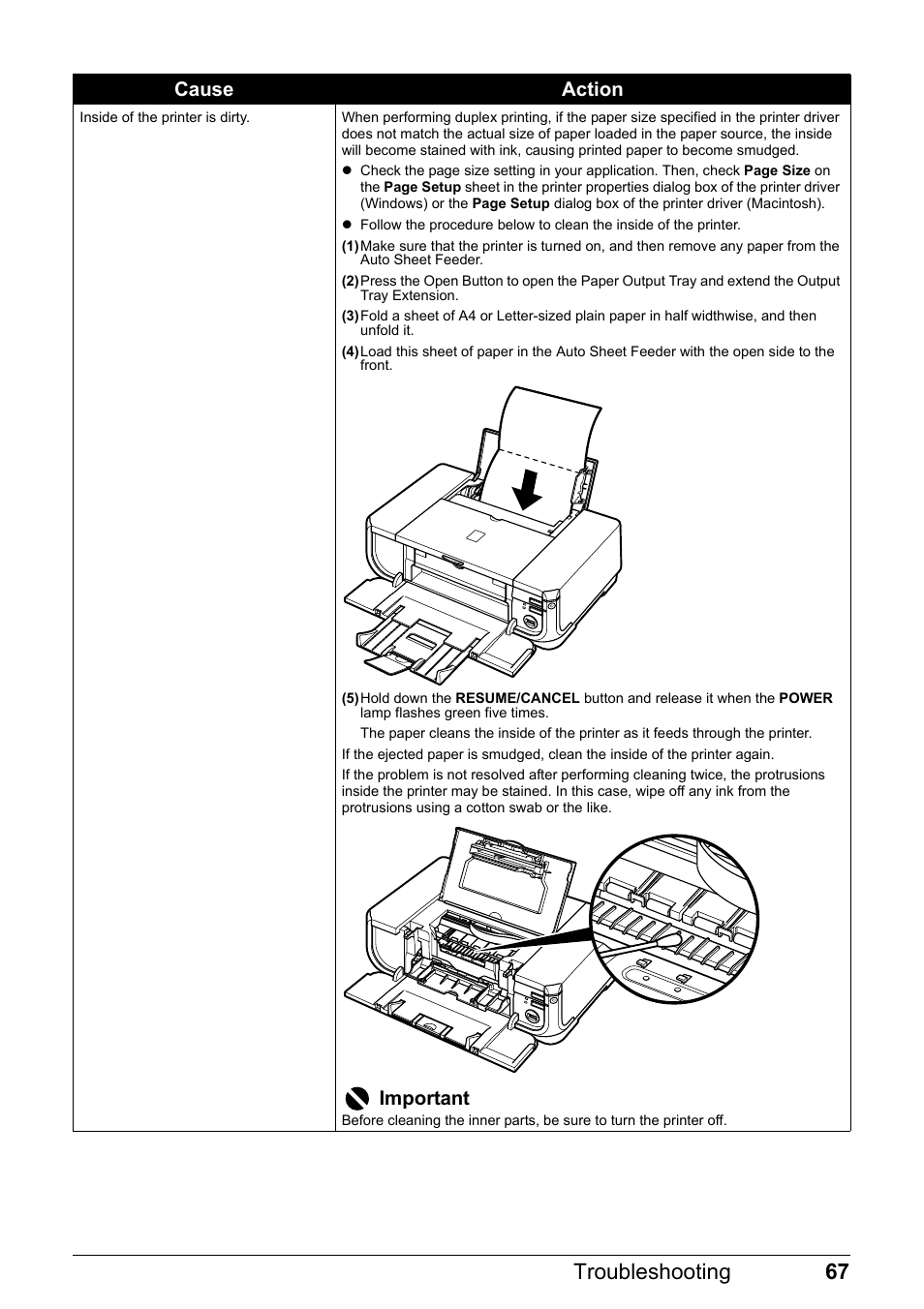 67 troubleshooting, Important, Cause action | Canon Pixma  iP4300 User Manual | Page 71 / 102