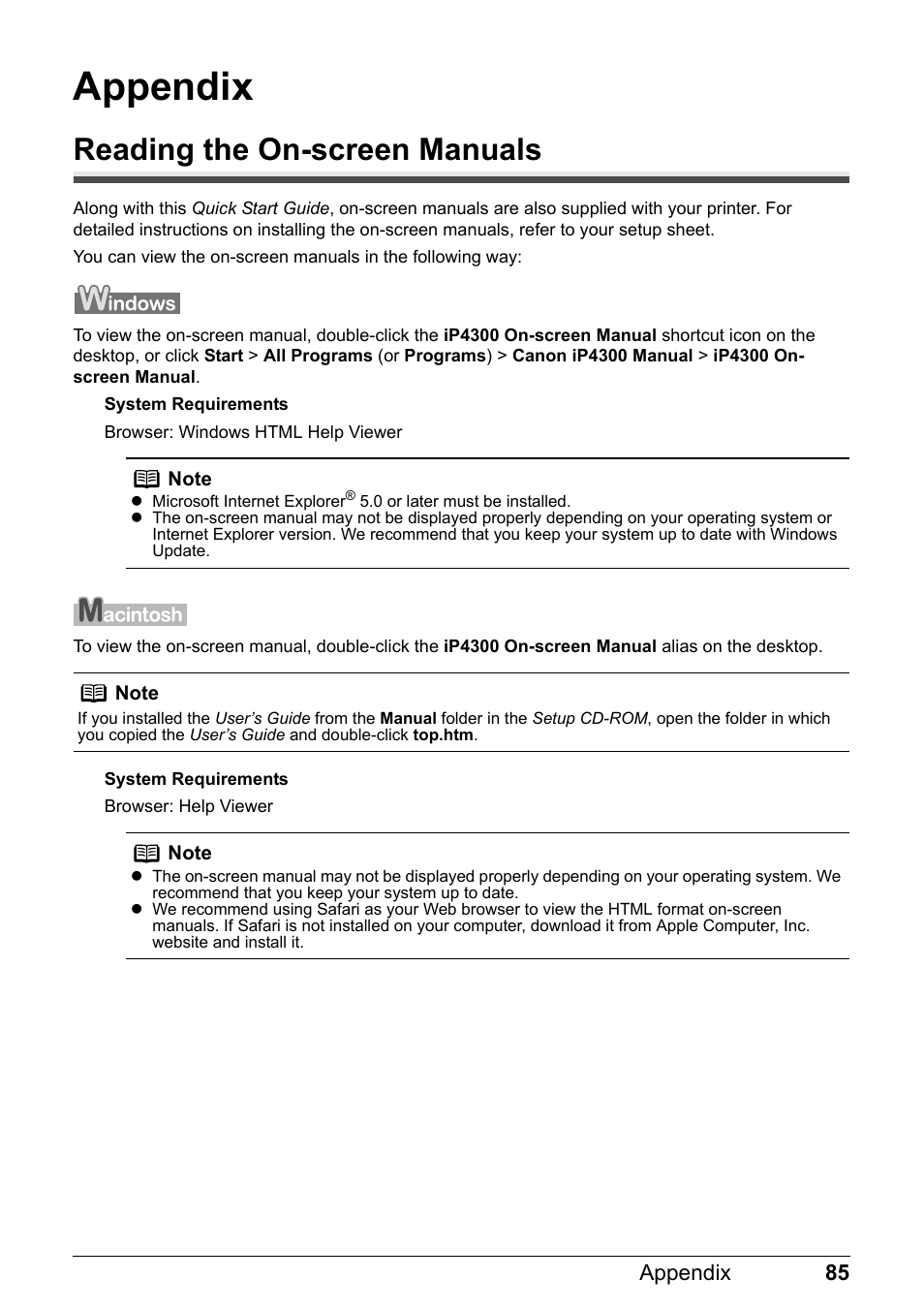 Appendix, Reading the on-screen manuals | Canon Pixma  iP4300 User Manual | Page 89 / 102