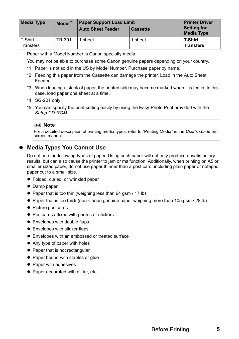 5before printing, Zmedia types you cannot use | Canon Pixma  iP4300 User Manual | Page 9 / 102