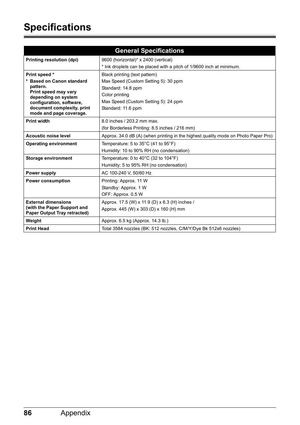 Specifications, 86 appendix, General specifications | Canon Pixma  iP4300 User Manual | Page 90 / 102