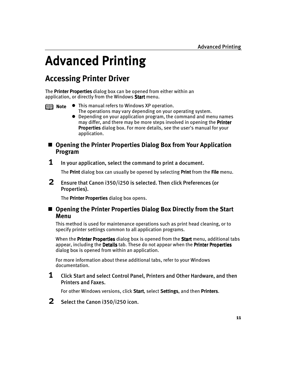 Advanced printing, Accessing printer driver | Canon i 250 User Manual | Page 13 / 64