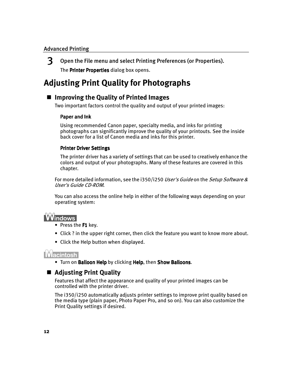 Adjusting print quality for photographs | Canon i 250 User Manual | Page 14 / 64