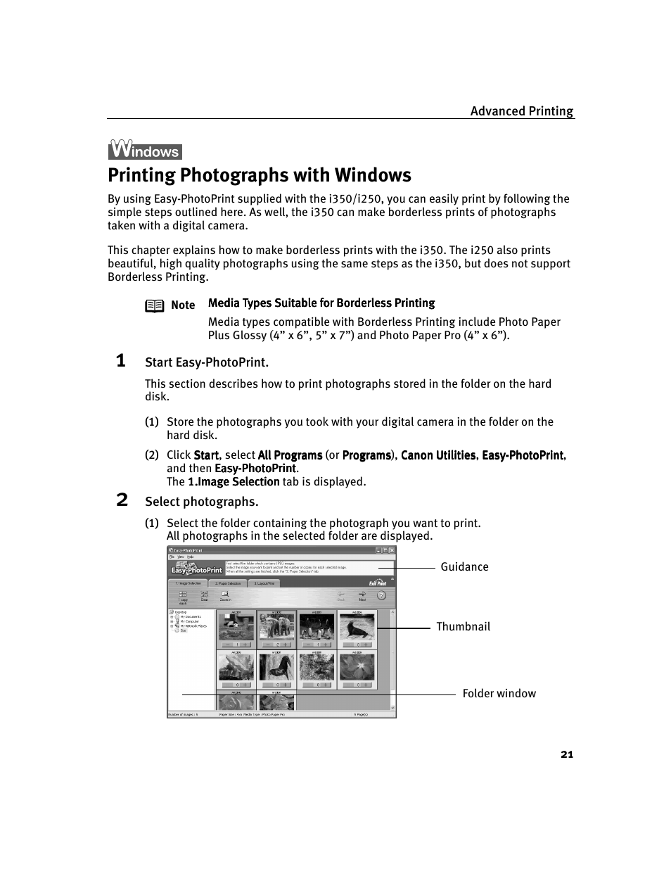 Printing photographs with windows | Canon i 250 User Manual | Page 23 / 64
