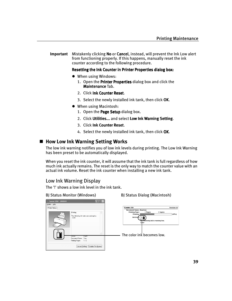 How low ink warning setting works, Low ink warning display | Canon i 250 User Manual | Page 41 / 64