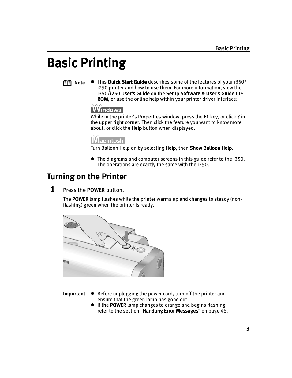 Basic printing, Turning on the printer | Canon i 250 User Manual | Page 5 / 64
