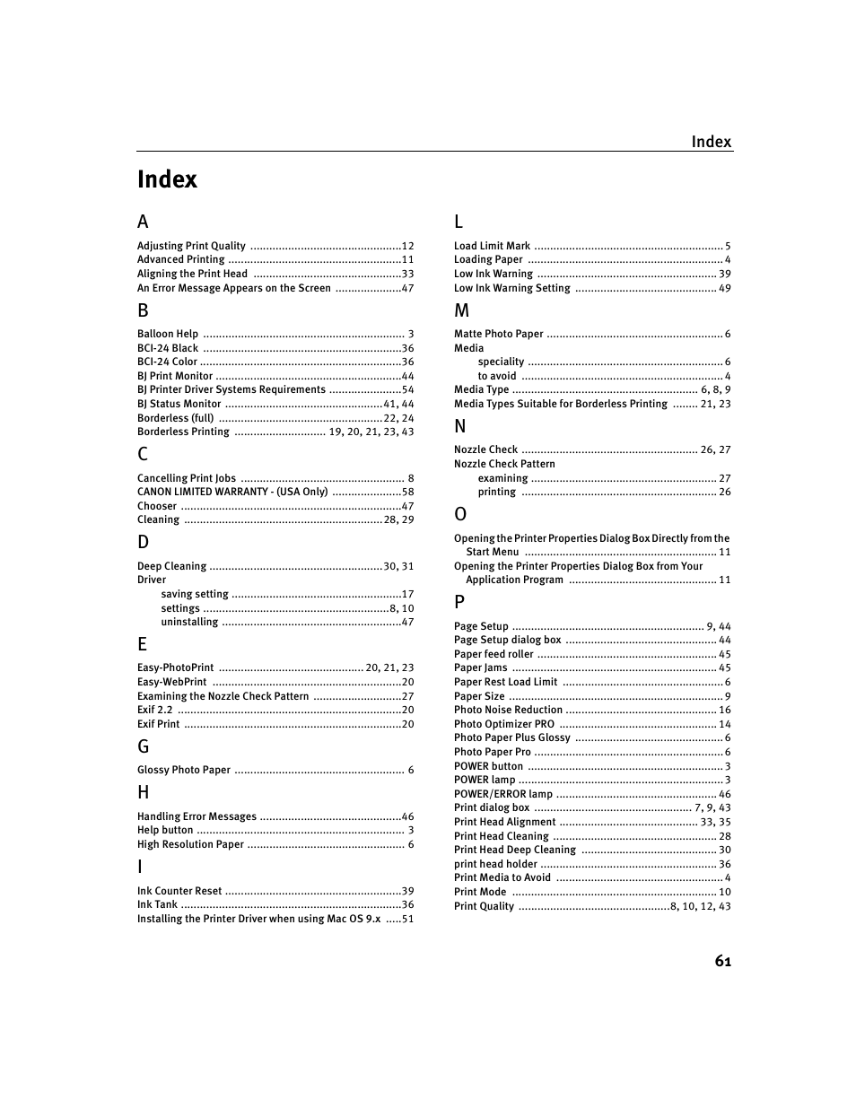 Index | Canon i 250 User Manual | Page 63 / 64